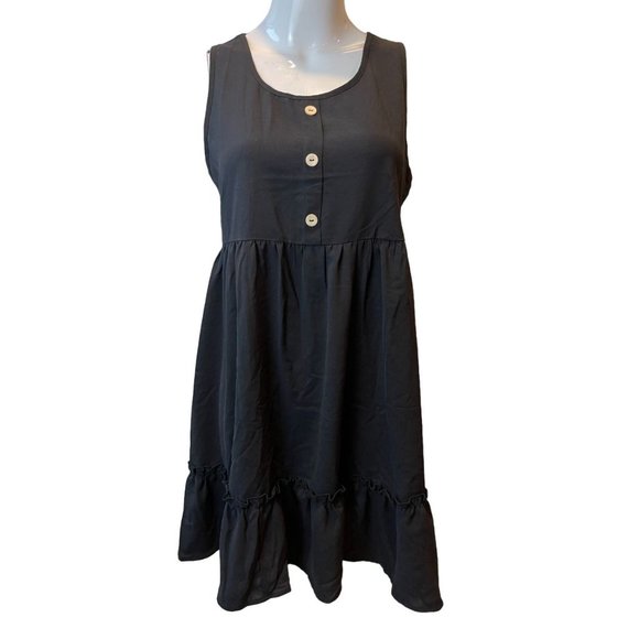Vintage Womens A Line Tank Dress Front Button Ruffle Hem Sleeveless Black Size S - Picture 3 of 8